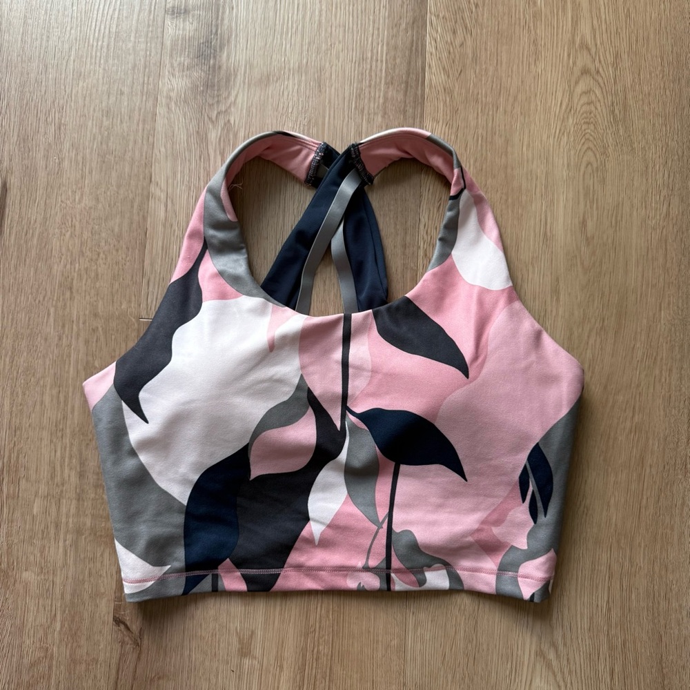 Pink and Black Leaf Print Sports Bra